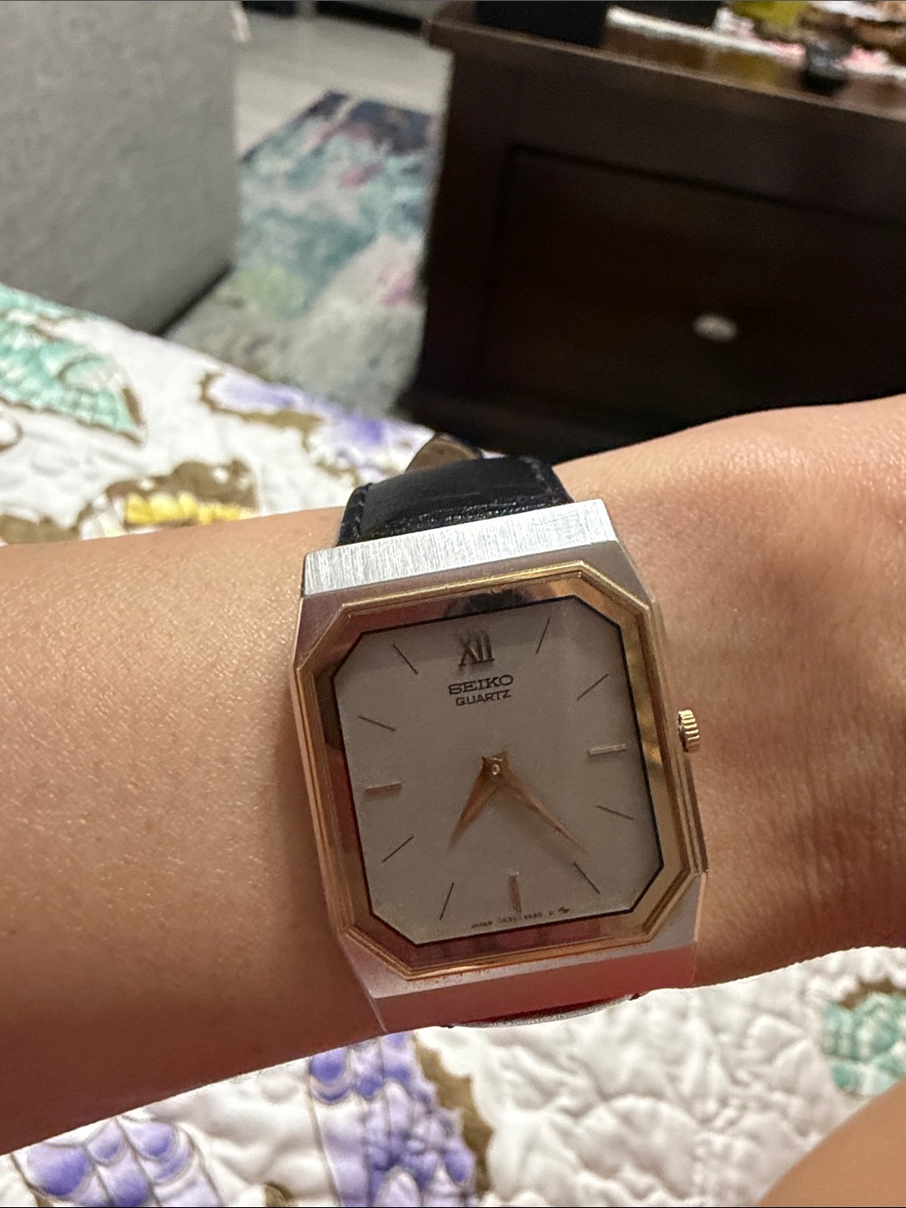 Seiko Two-Tone Gold & Silver Octagon men’s dress Watch with Black Strap